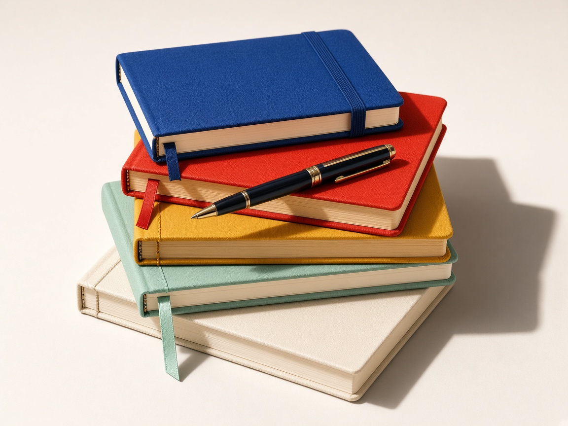 A colourful stack of notebooks with a pen