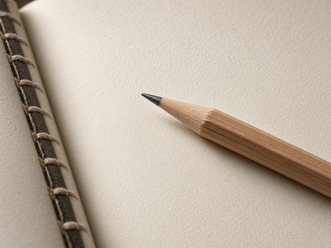 Close-up of thick notebook paper, binding and a finely sharpened pencil