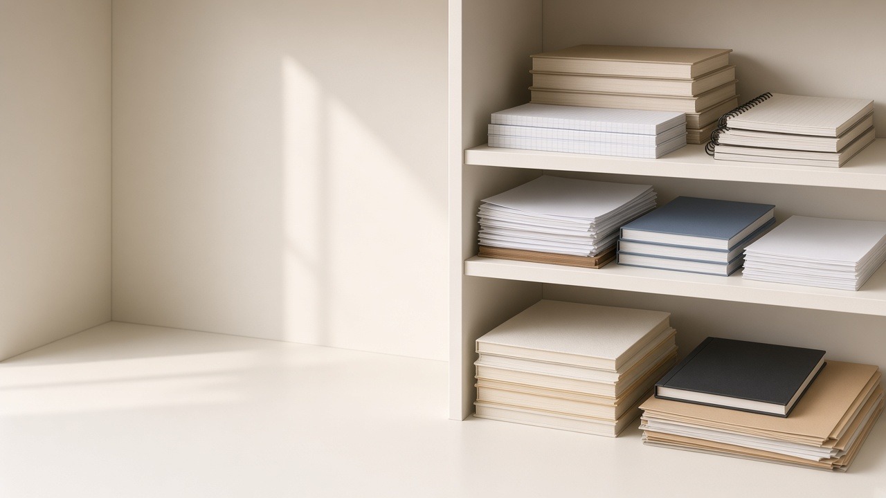 A colourful stack of school and office notebooks