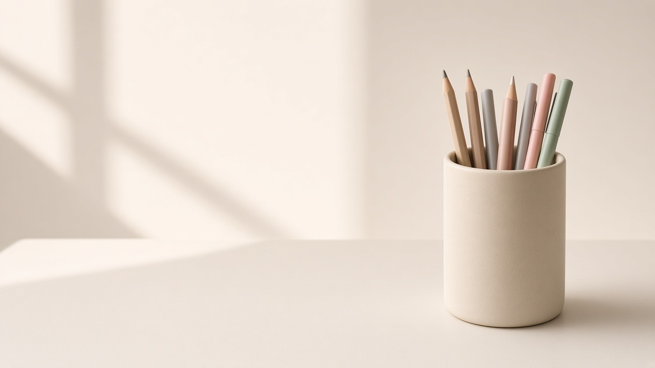 A cup of pens and pencils on a desk